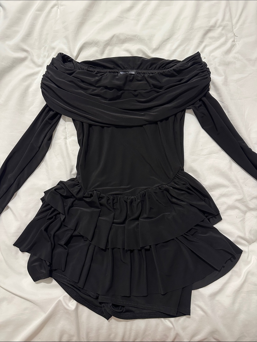 PrettyLittleThing Black One-Shoulder Ruffle Tiered Dress